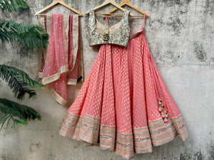 Coral and Beige Mirror Work Lehenga Set image 4