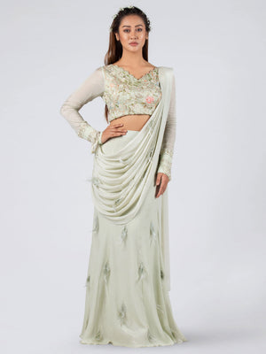 Pre Drape Mint Saree Set - L image