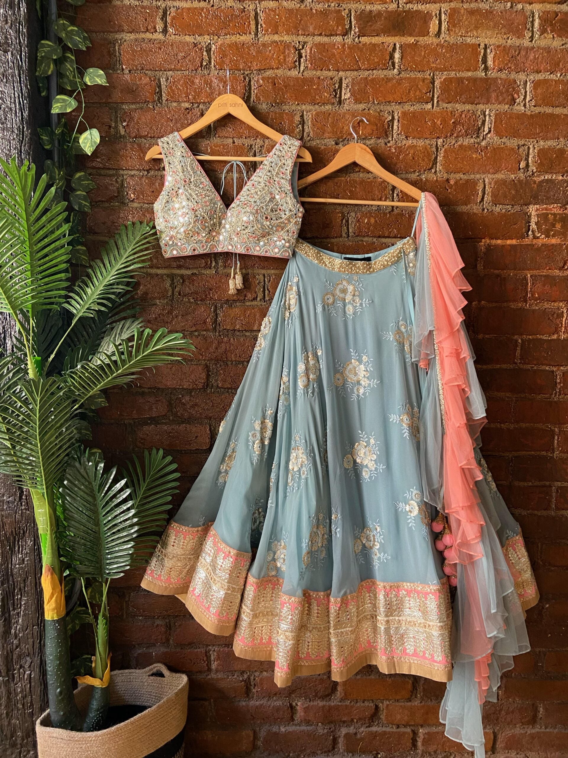 Dusty Blue and Blush Pink Mirror Work Lehenga Set Gown image 3