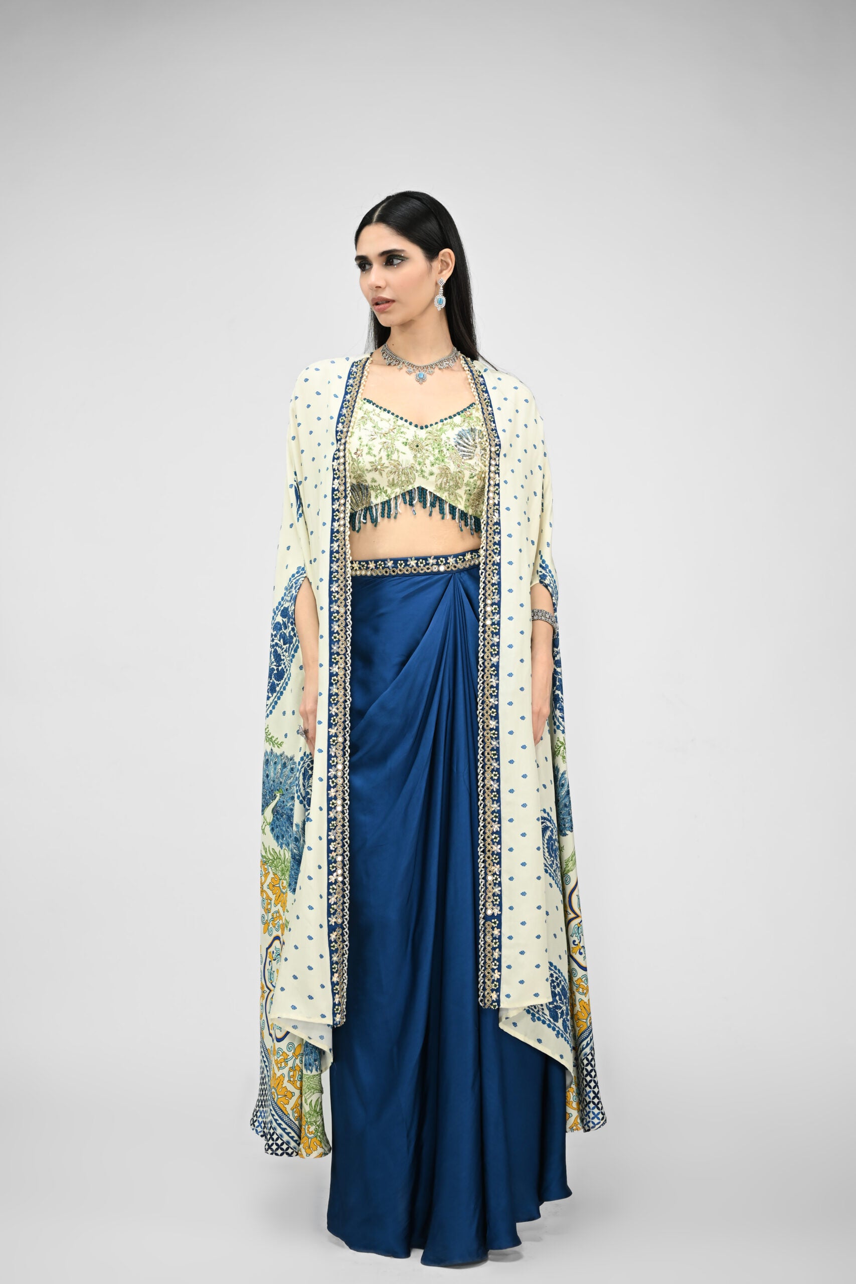 Peacock Printed Highlight Bralette Paired With Dhoti Set And Printed Cape image 5