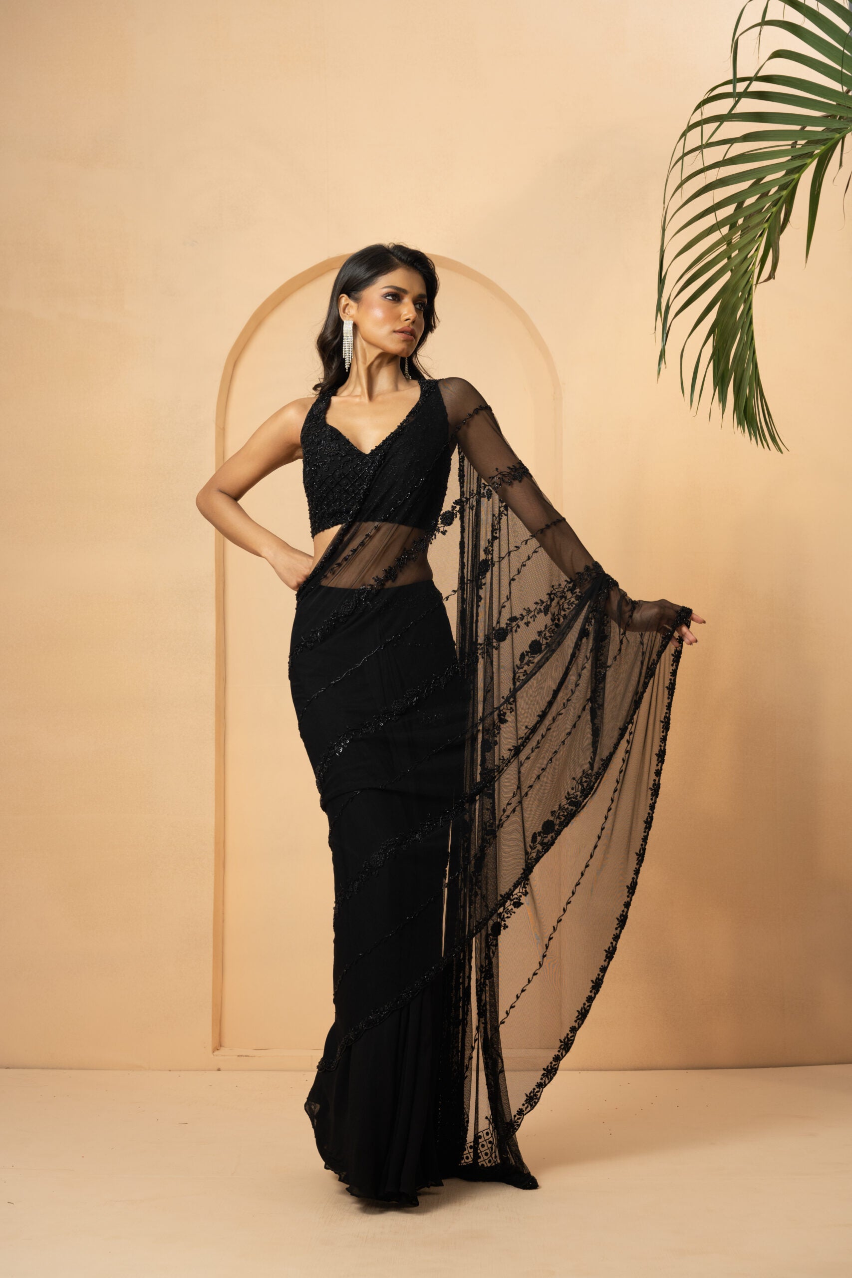 Black Embellished Drape Saree - M image