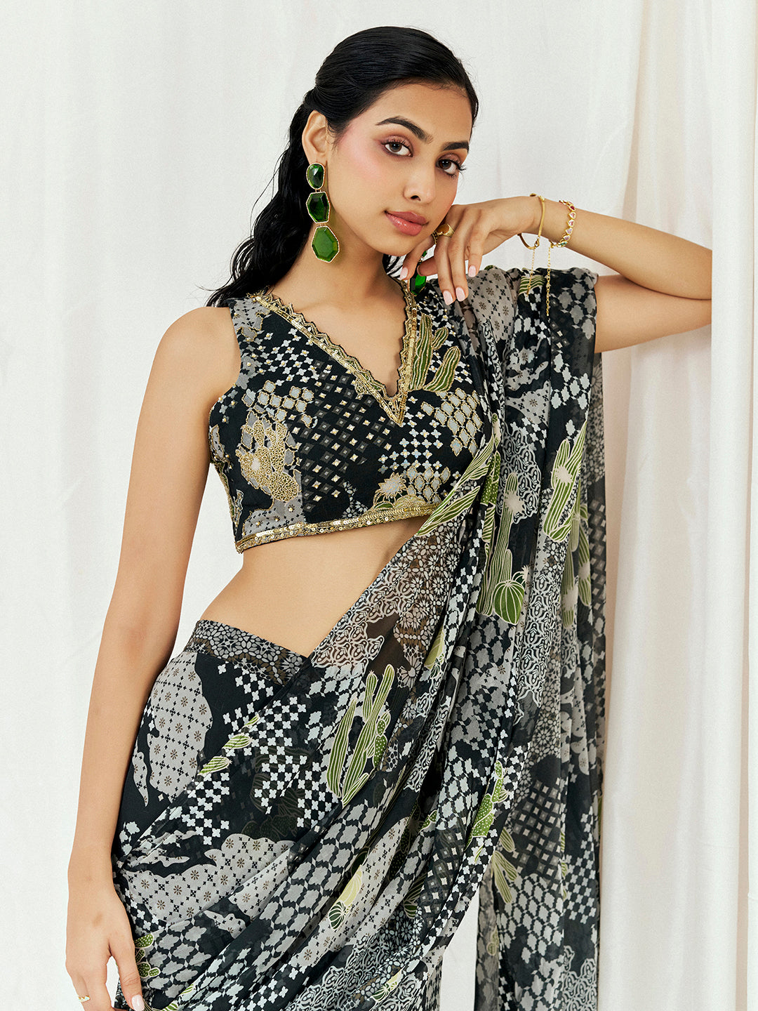 Black Printed Embroidered Drape Saree Set image 1