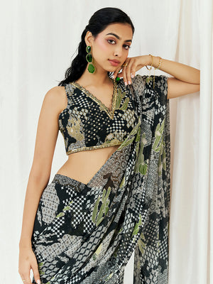 Black Printed Embroidered Drape Saree Set image 1