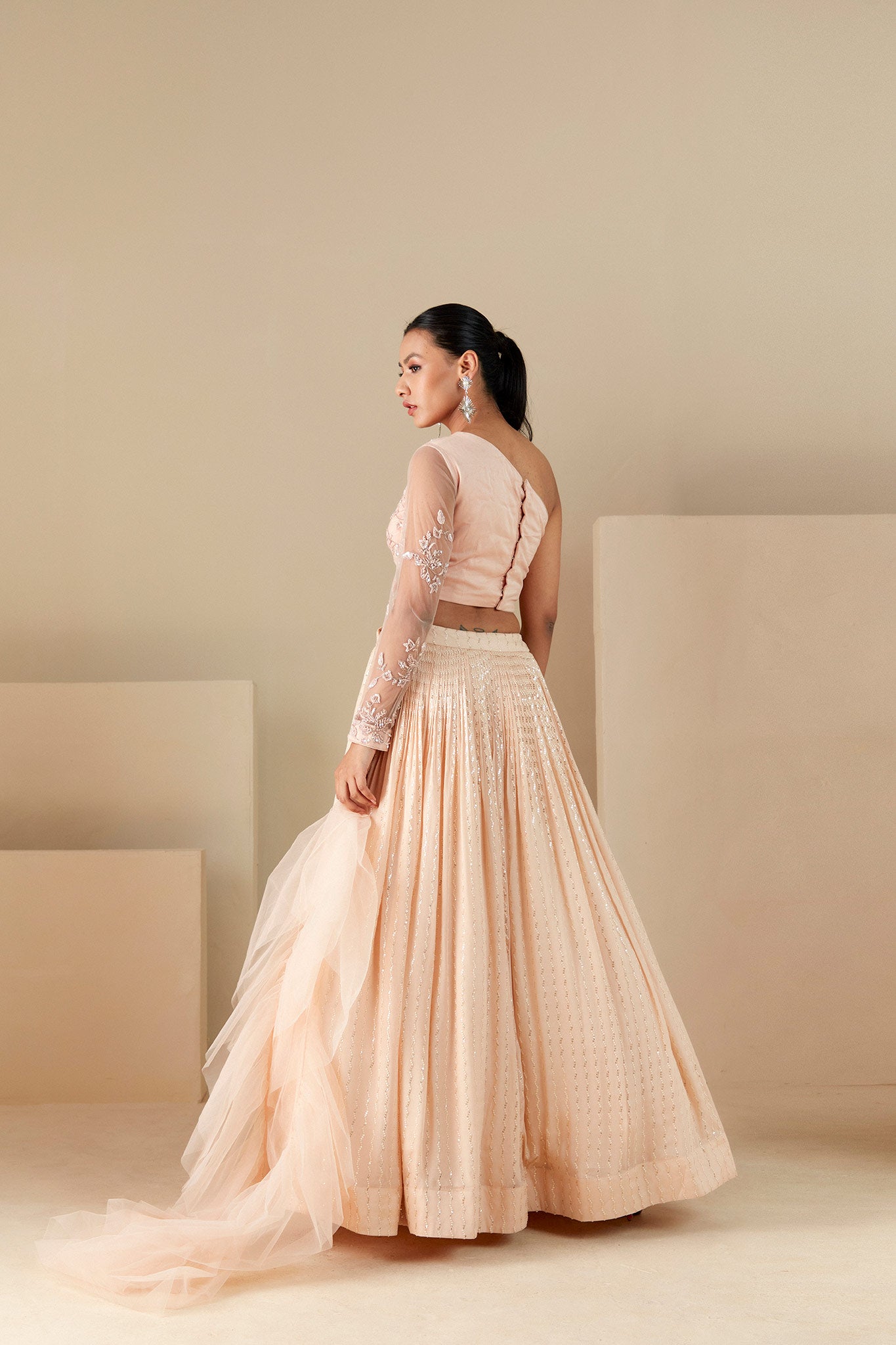 Peach Georgette One Shoulder Lehenga Set image 1