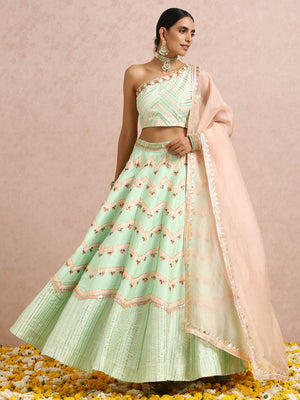 Mint and Peach Color Block Lehenga Set image 5