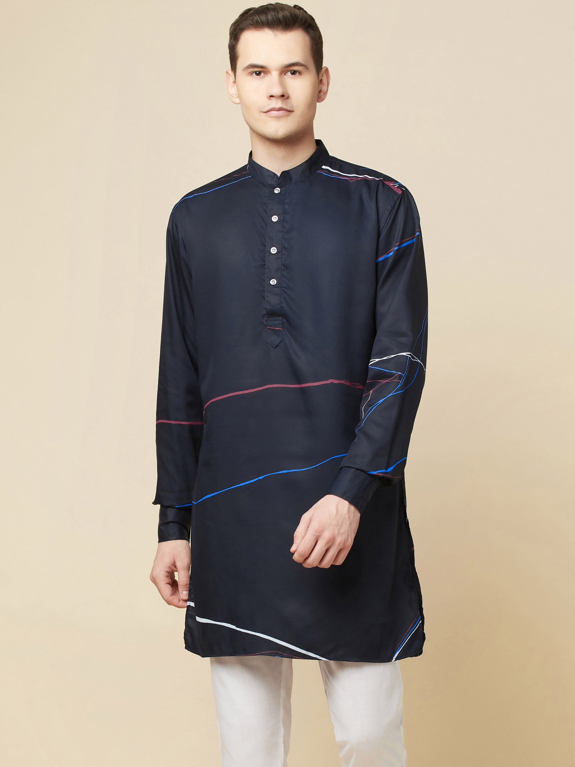 Navy Blue Printed Kurta image 0