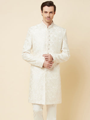 Classic White Embroidered Sherwani Set image 2