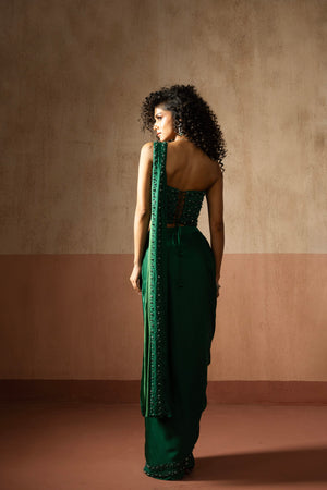 Pre-Draped Emerald Green Hand Embroidered Satin Saree With Corset Blouse image 5