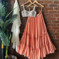 Ivory Swan and Peach Ruffle Lehenga Set image 0