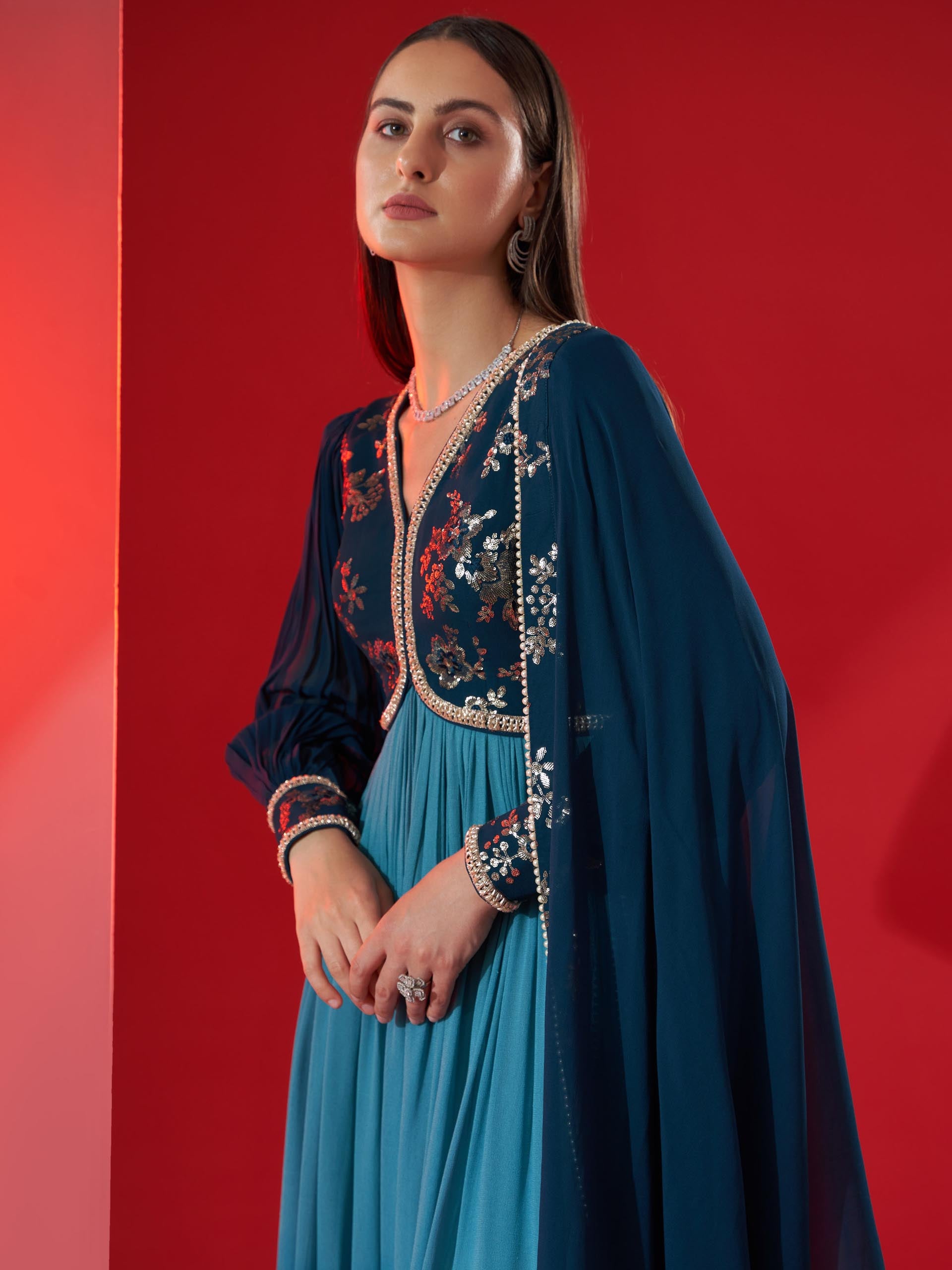 Teal Ombre Sequin Anarkali Set image 1