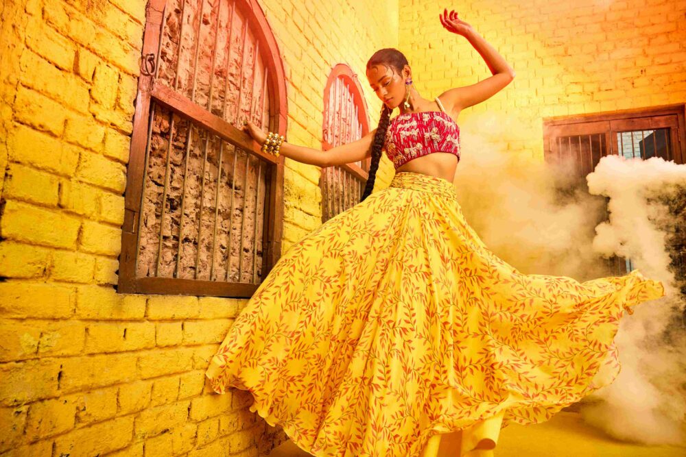 Hot Pink One-shoulder Top With Printed Skirt In Georgette image 2
