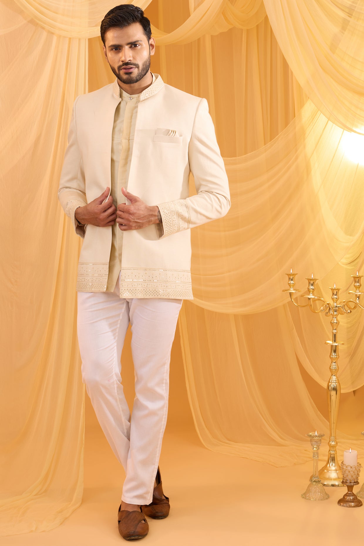 Cream Embroidered Indowestern Set image 0