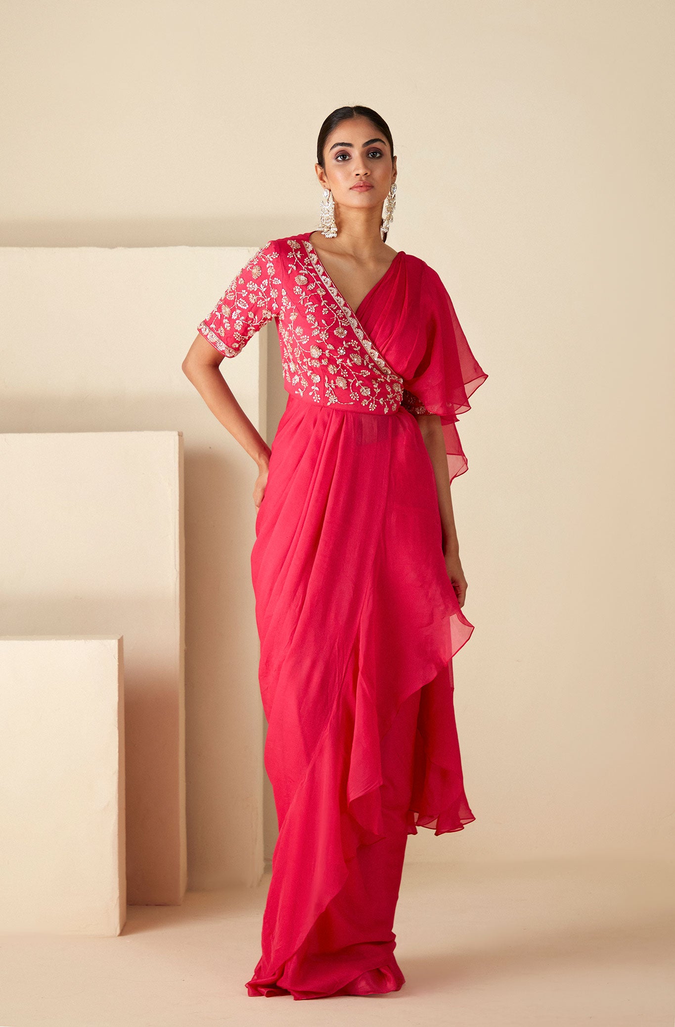 Pink Ruffle Pre-Drape Saree - Custom image