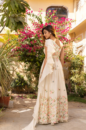 One Shoulder White Crepe Georgette Flared Pant Set image 4