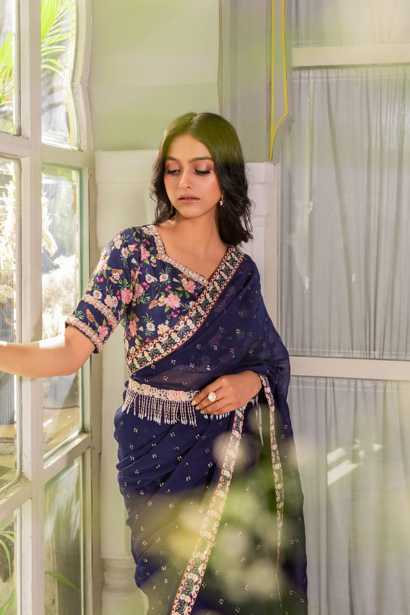Navy Blue Embroidered Saree Set image 3