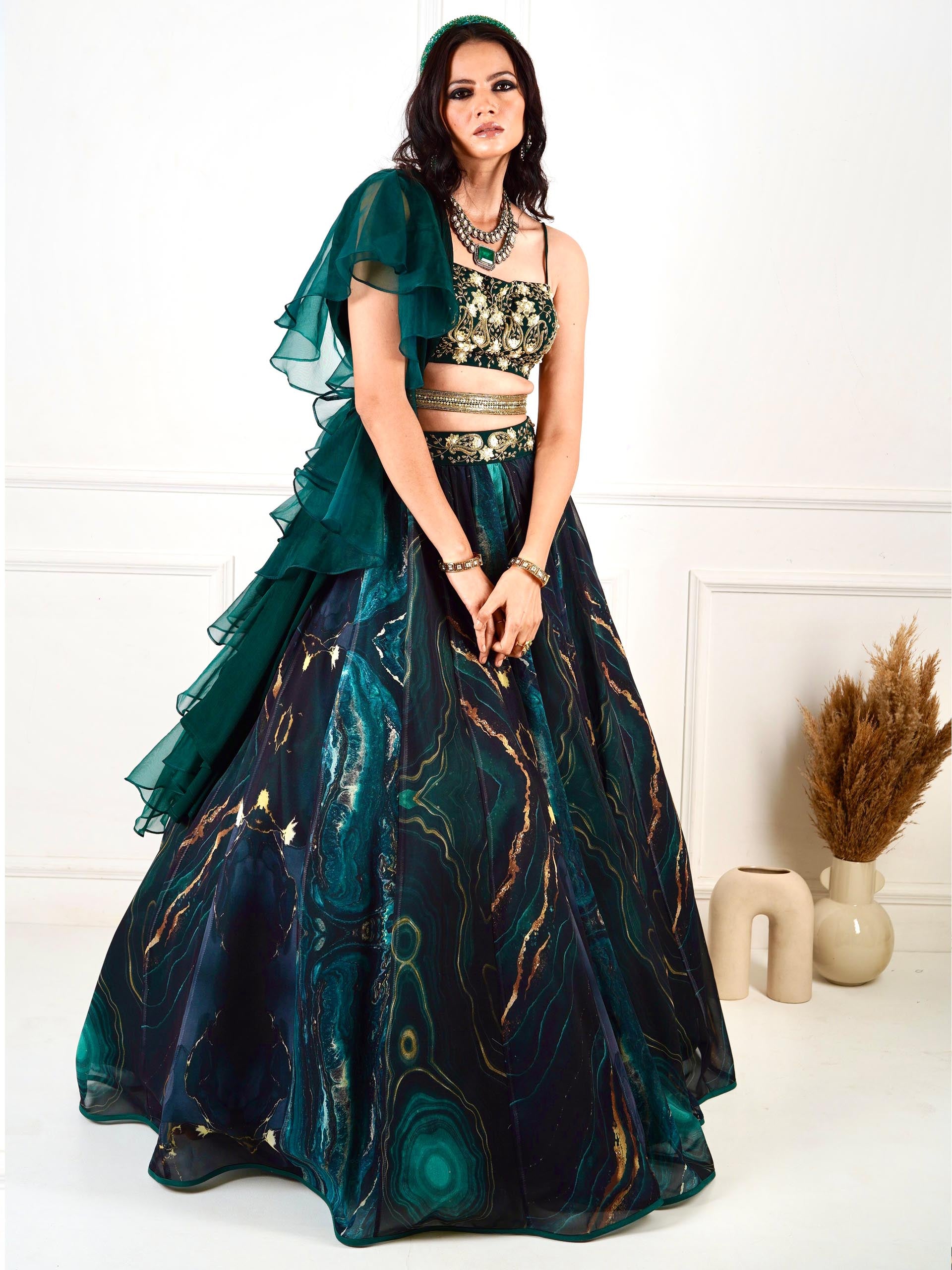 Green Meesha Marble Lehenga Set image 3