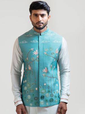 Sea Blue Madhubani Nehru Kurta Set image 3