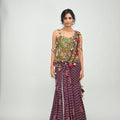 Plum Pre Stitched Tassel Saree Paired with Badla Embroidered Green Corset image 0