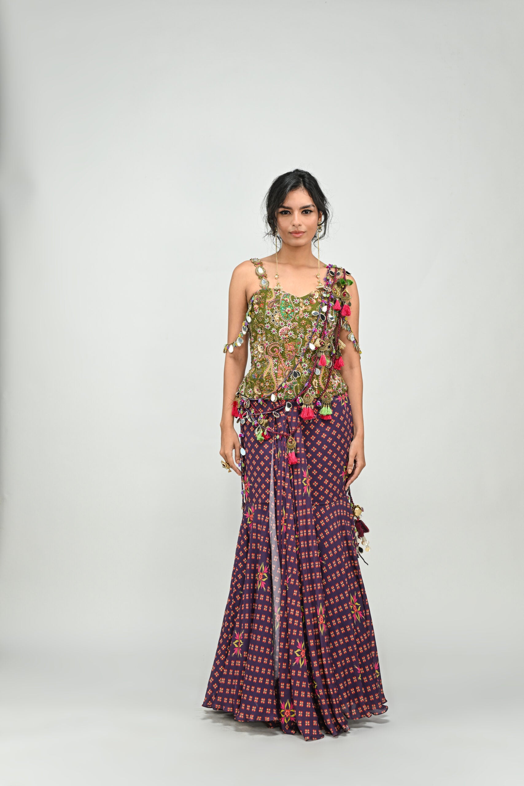 Plum Pre Stitched Tassel Saree Paired with Badla Embroidered Green Corset image 0