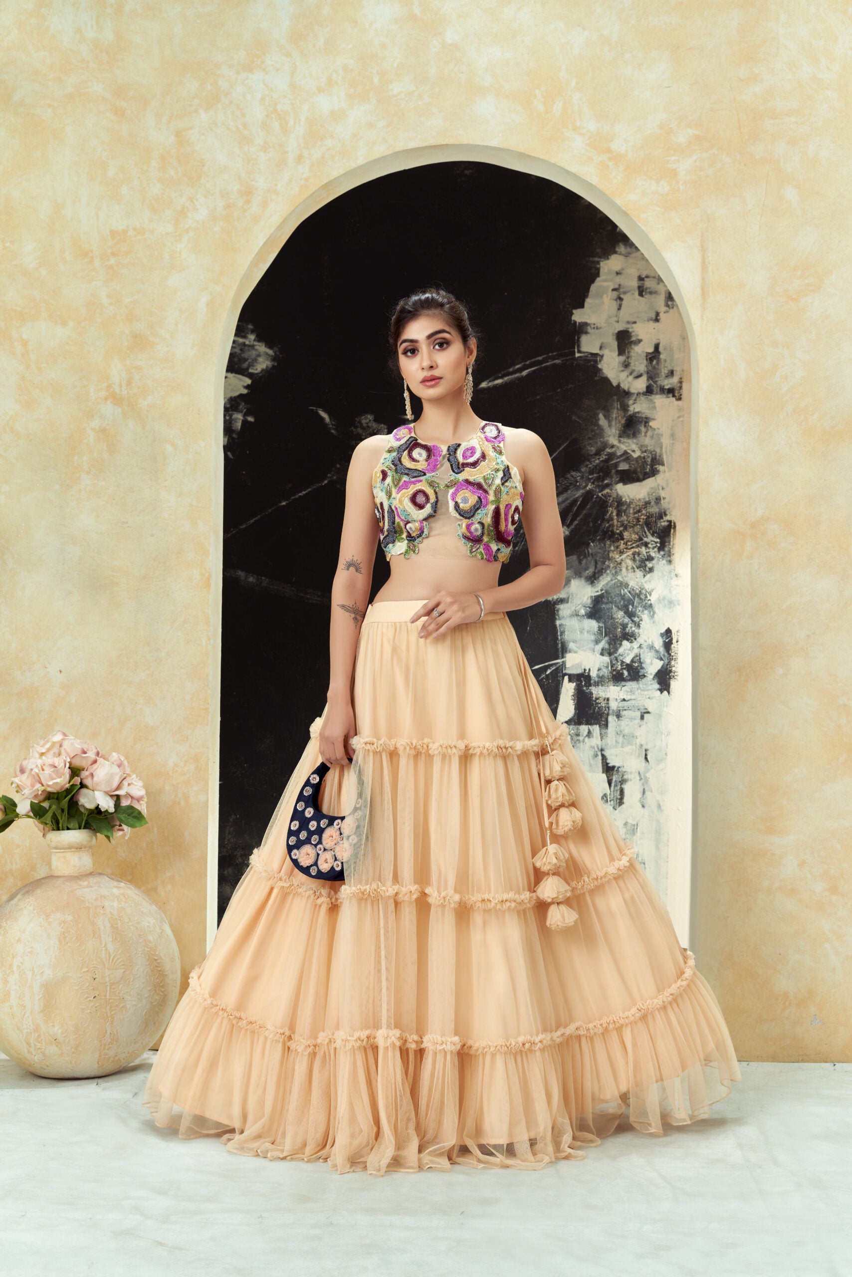 Multi-hued embroidered blouse and tier skirt set image 7