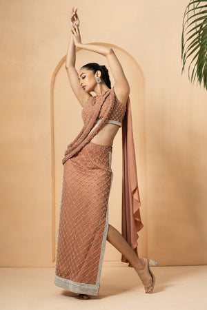 Beige Twisted Drape Crystal Embellished Saree image 4