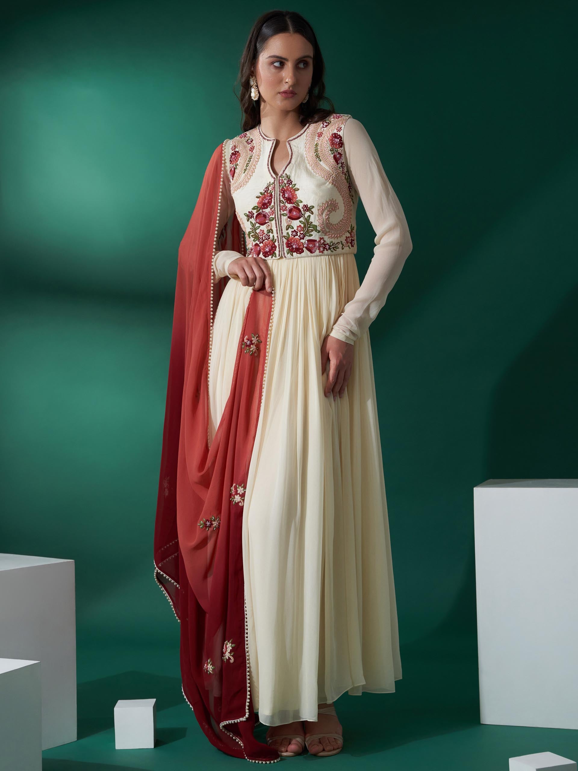 Cream Maroon Koti Jacket Anarkali Set - XL image