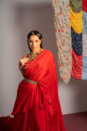Red Embroidered Drape Saree Set image 6