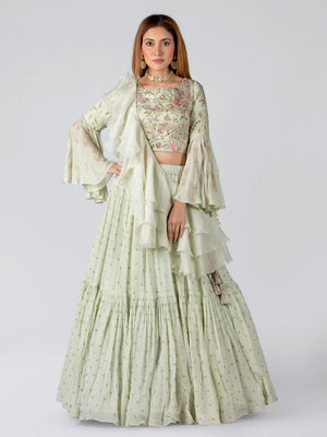 Light Mint Ruffle Lehenga Set - S image