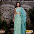 Green Organza Embroidered Draped Skirt Saree Set image 0
