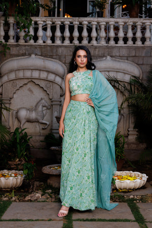 Green Organza Embroidered Draped Skirt Saree Set image 0