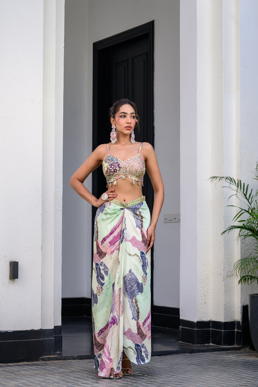 Eden Highlight Bralette With Mirror Work Paidawn With Dhoti Skirt And Cape - XL image