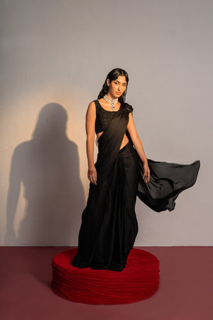 Black Embroidered Drape Saree Set - S image