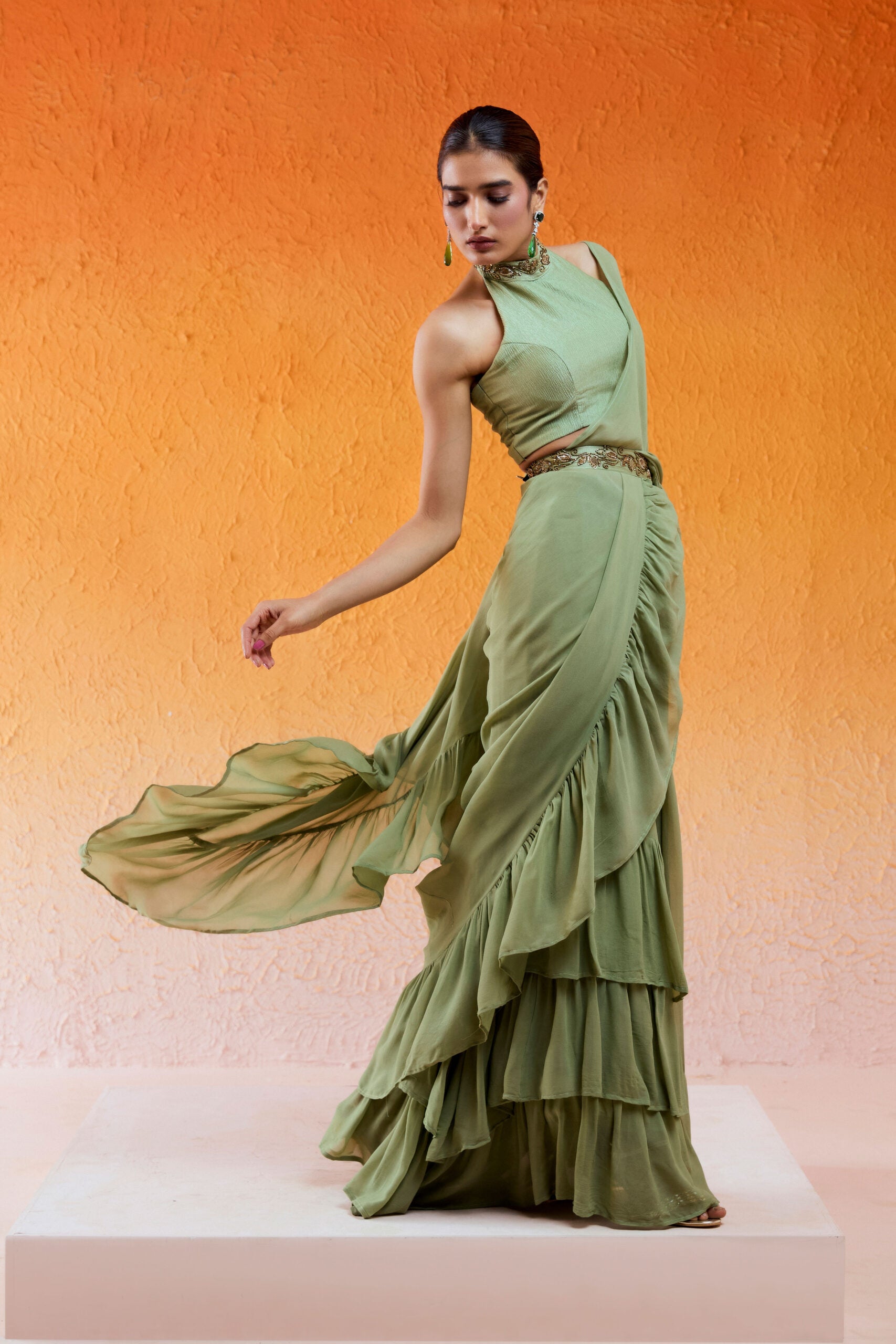 Pista Green Embroidered Drape Saree Set with Belt image 4