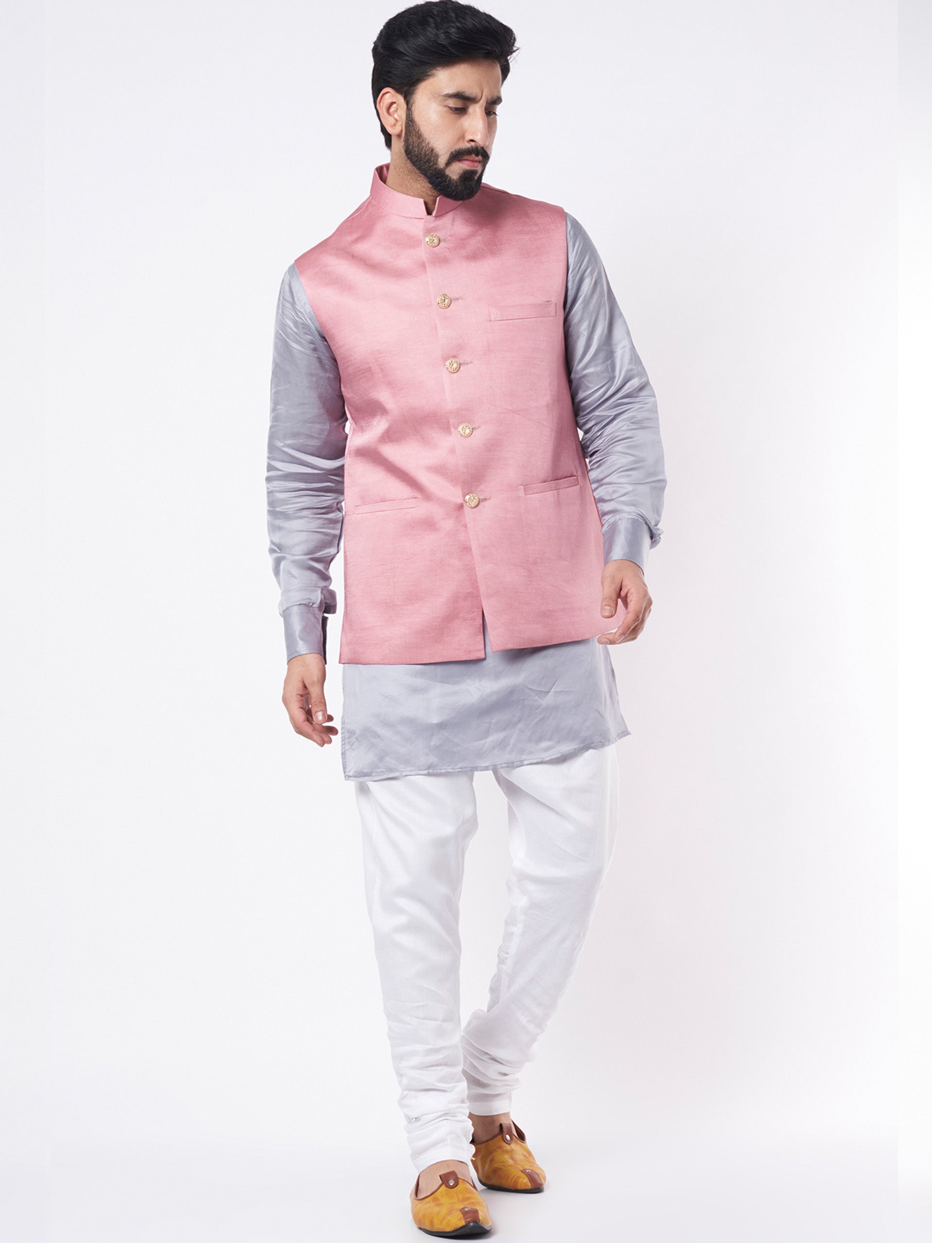 Mauve Bundi Jacket With Grey Kurta Set image 0