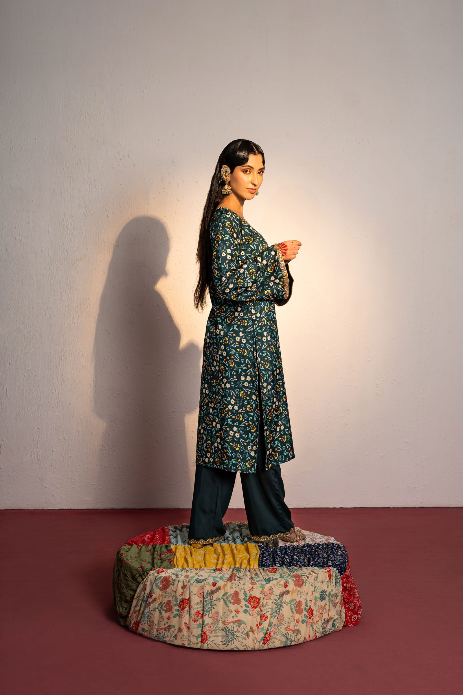 Royal Green Printed And Embroidered Kurta Set image 4