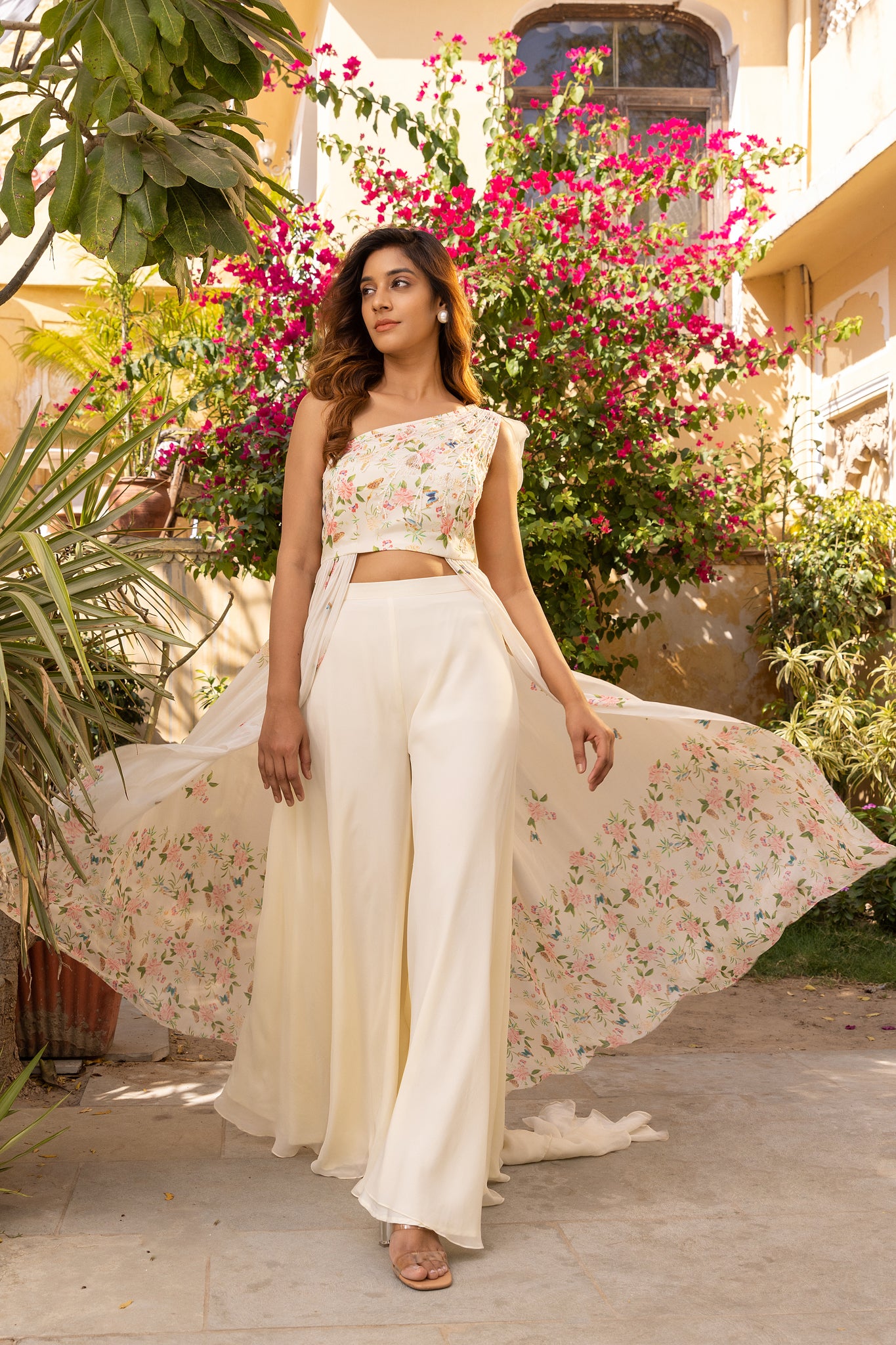 One Shoulder White Crepe Georgette Flared Pant Set image 1