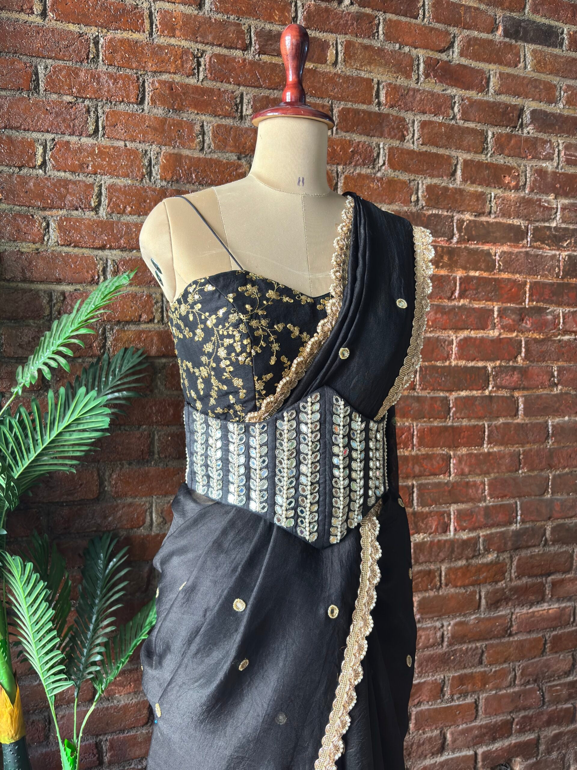 Black Organza Saree with Mirror Work Corset Belt image 4
