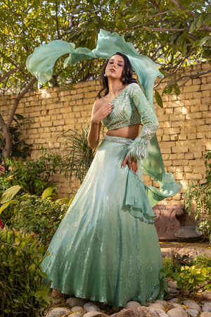 Green Georgette Crepe Embellished Lehenga Set image 4
