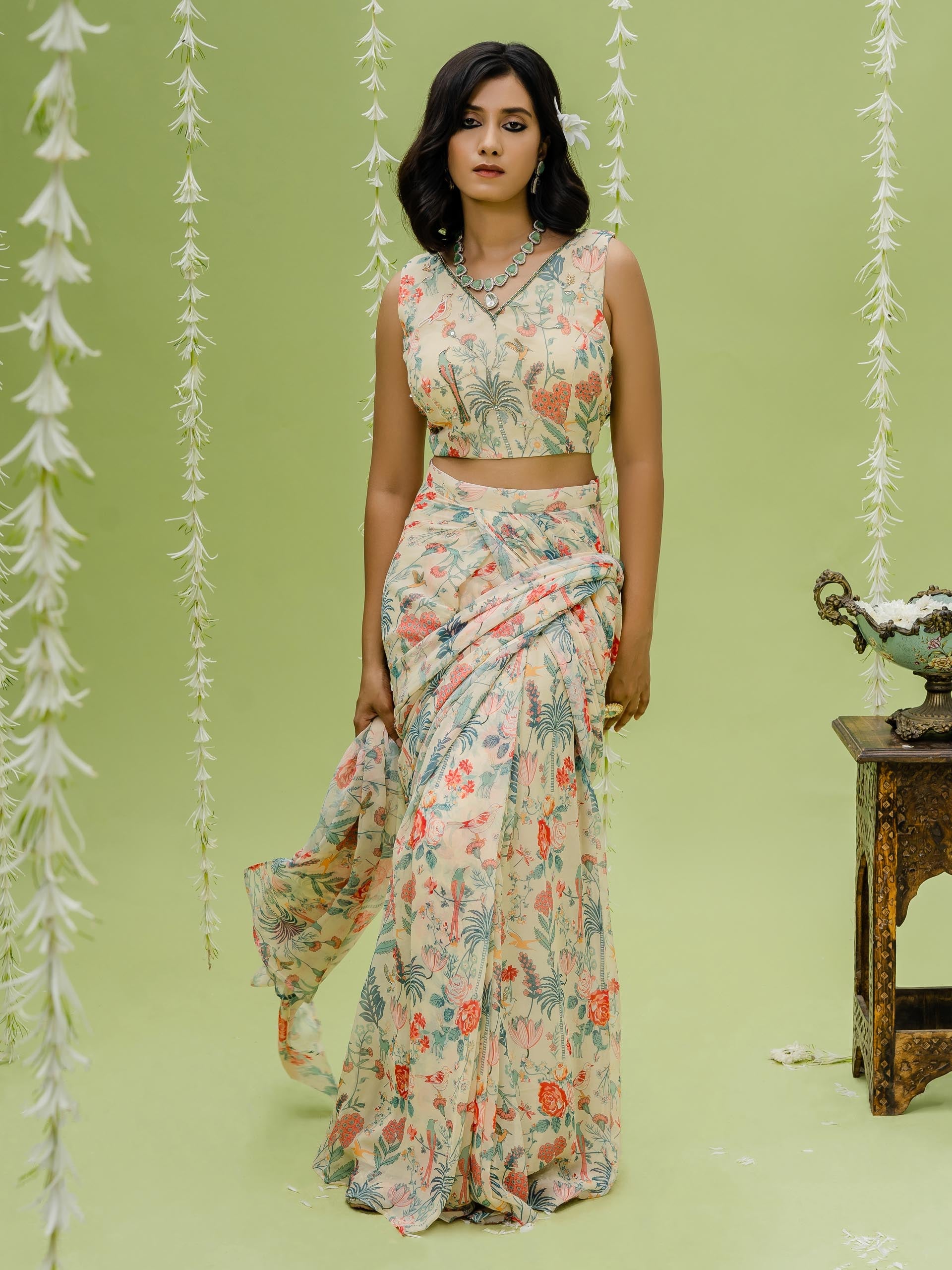 Tropical Print Pre Draped Saree Set image 2