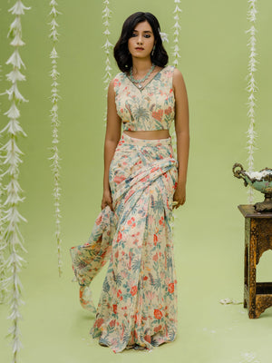 Tropical Print Pre Draped Saree Set image 2