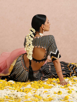 Black Embroidered Stripe Lehenga Set image 4