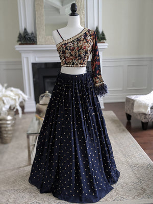 Navy Blue Lehenga with One Shoulder Blouse - Custom image