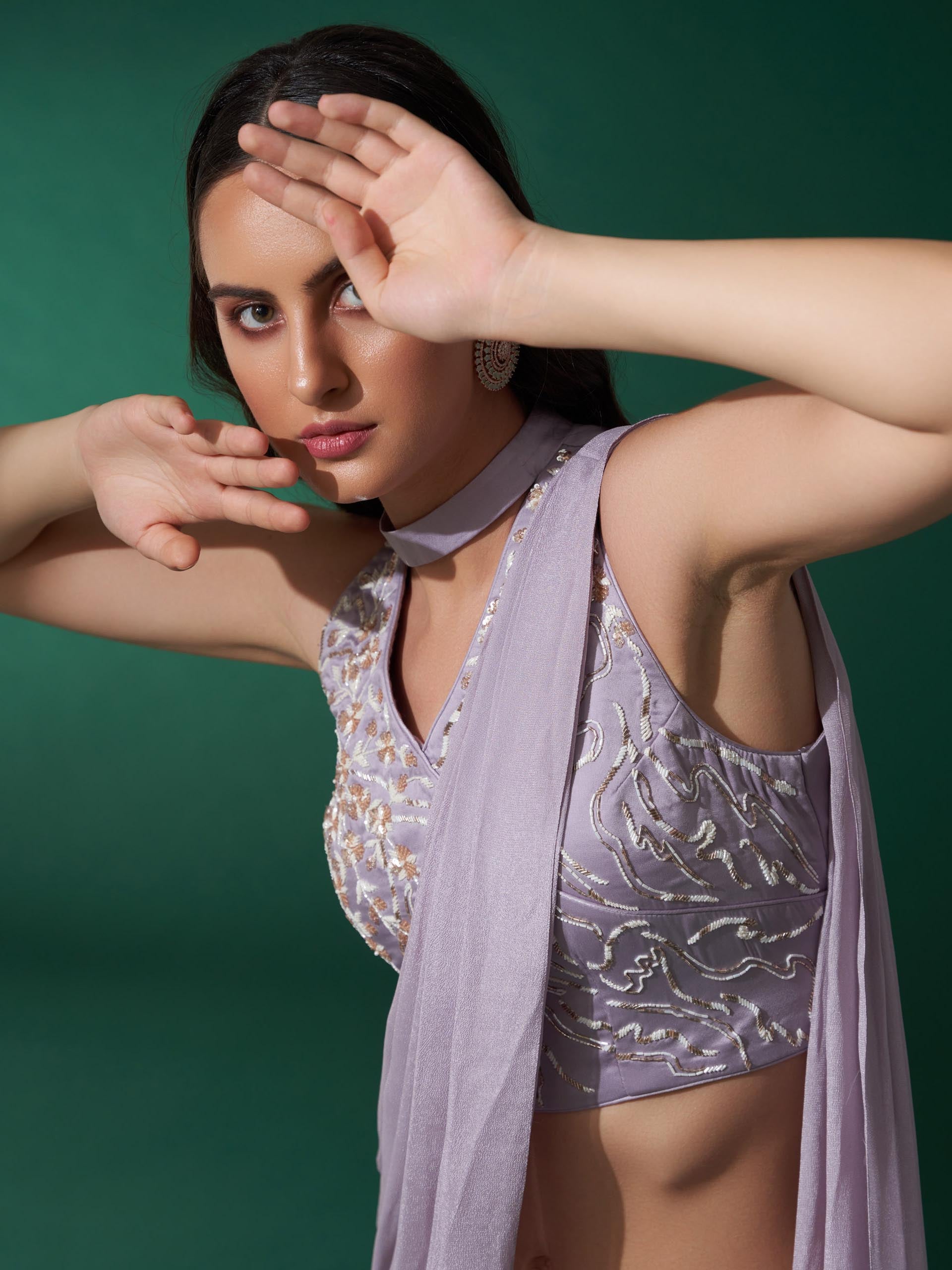 Lilac Pre Draped Pant Saree Set image 1