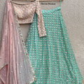 Baby Pink Blouse with Mint Mirror Work Lehenga image 0