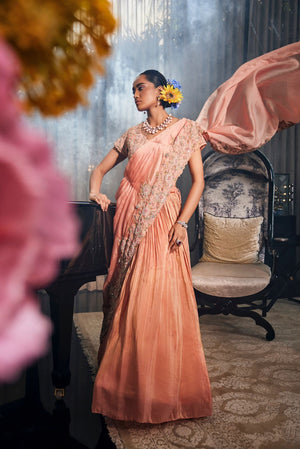 Rust Drape Zari Lehenga Set image 0