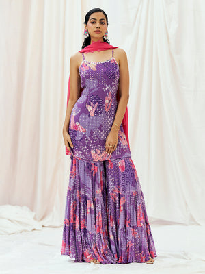 Violet Printed Embroidered Sharara Suit Set with Dupatta - M image
