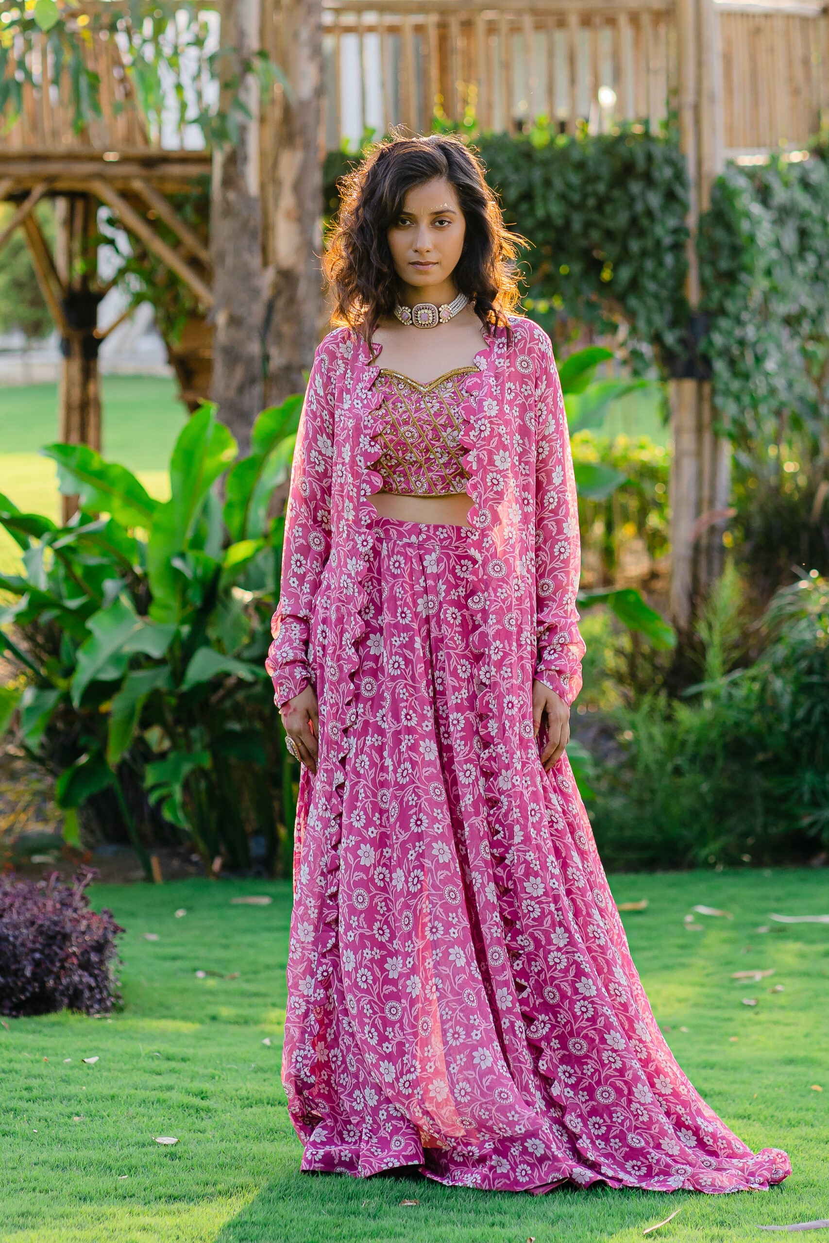 Mauve Printed &amp; Embroidered Long jacket &amp; pallazo pants Set - Custom image