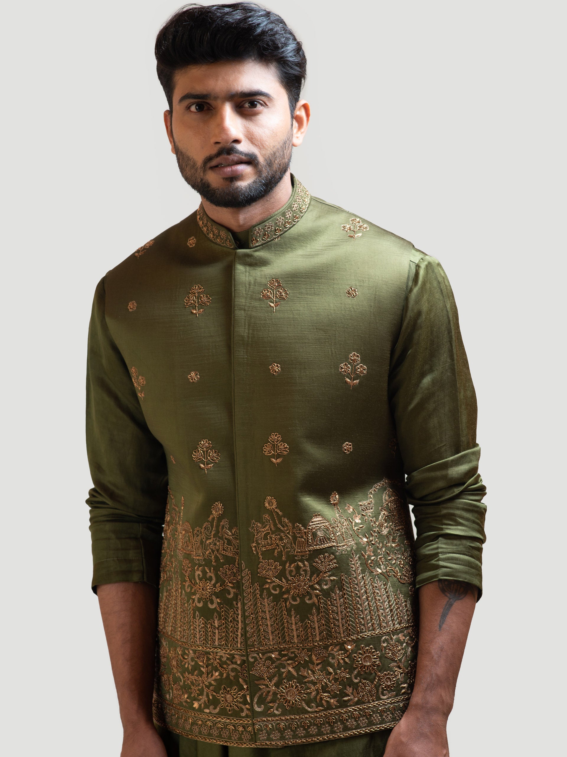 Mehendi Green Palki Nehru Jacket image 3