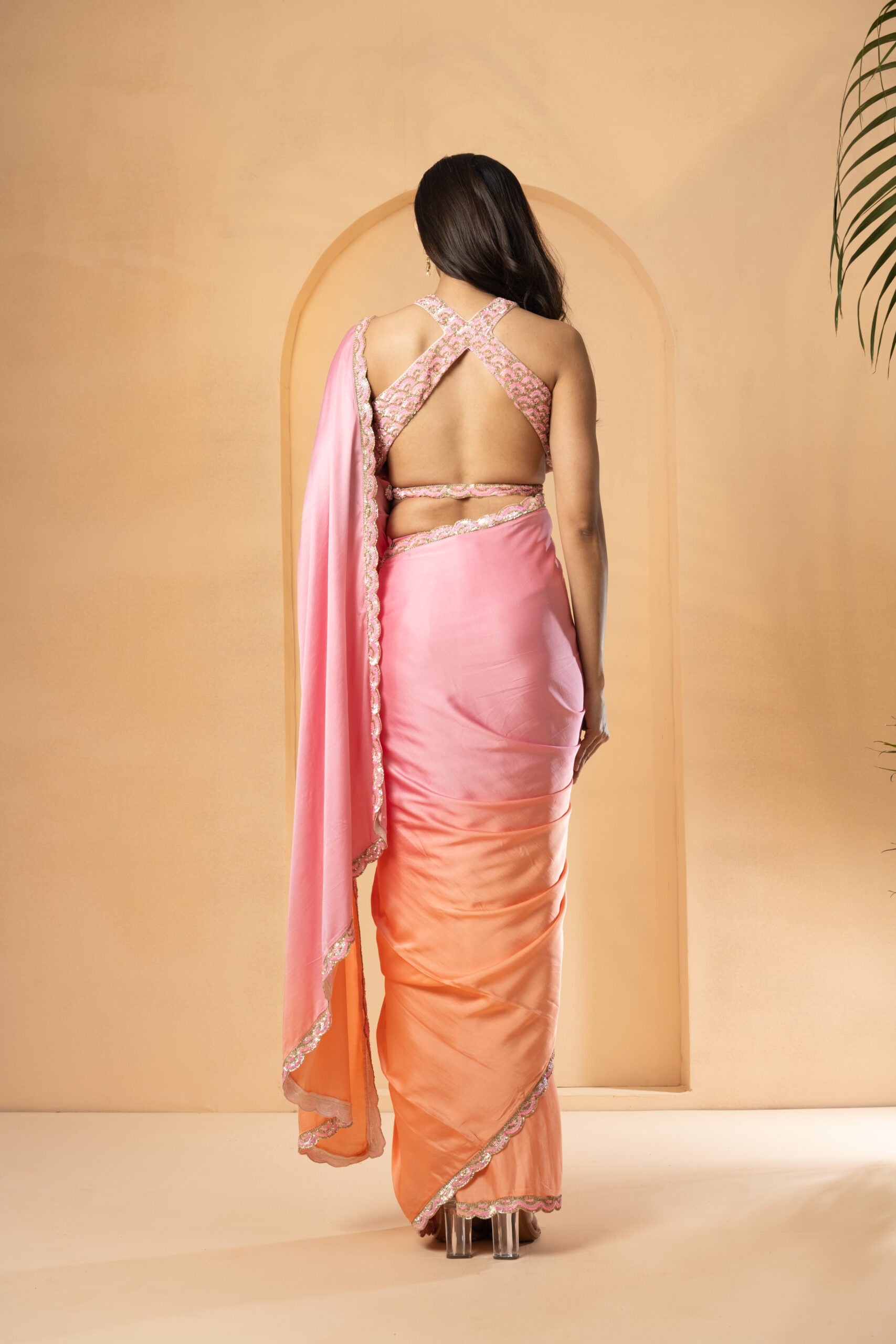 Peach Pink Ombre Sequin Saree image 4