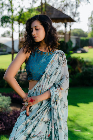 Powder Blue Printed &amp; Embroidered Drape Saree Set image 3